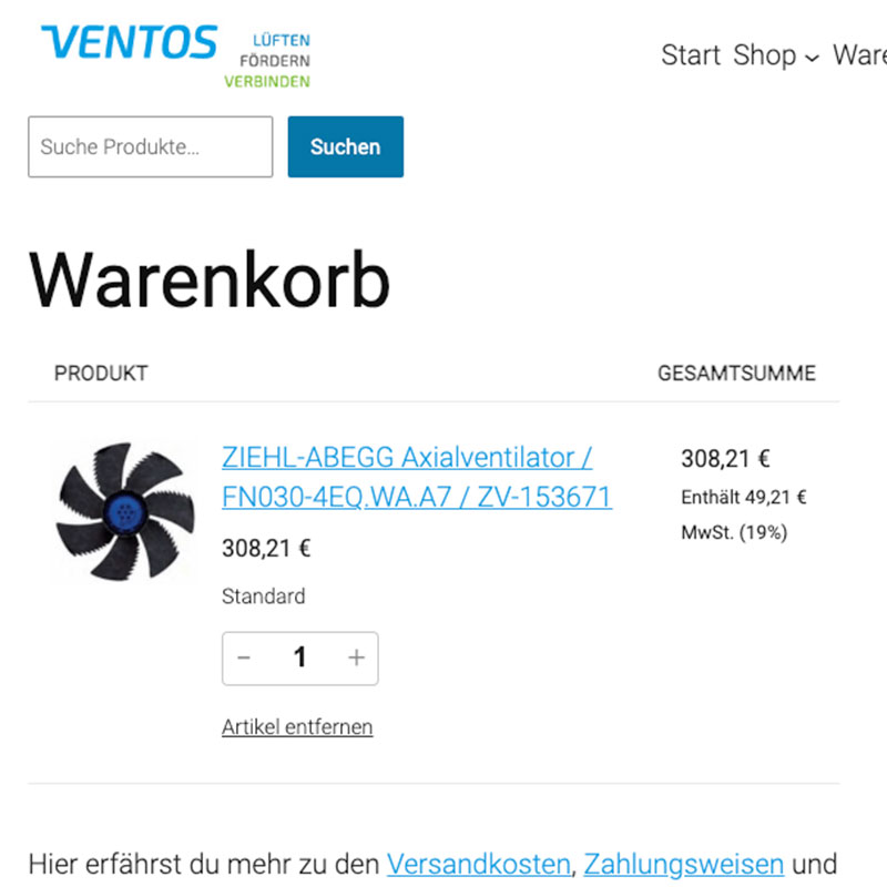 Webshop der Ventos Lüftungstechnik